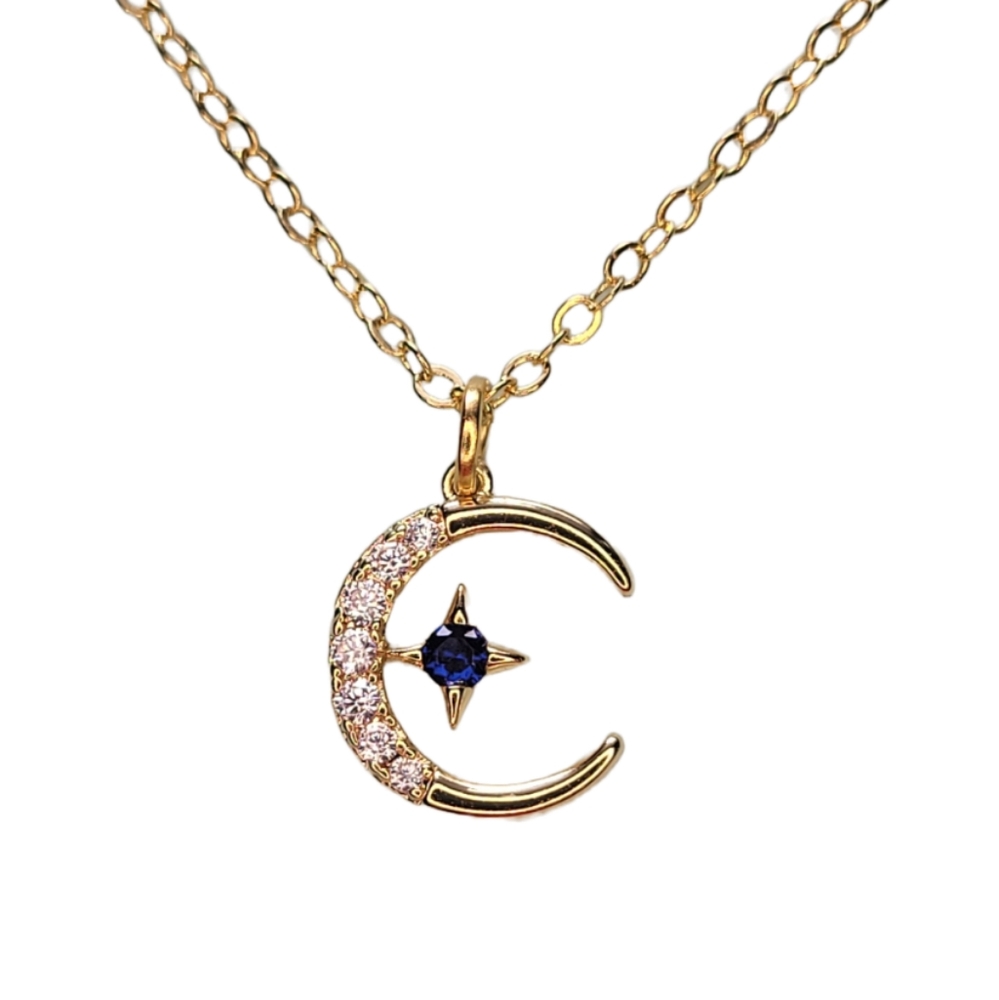 Sapphire & Zicronia Cresent Moon Necklace in 18k Gold Plated Bezel